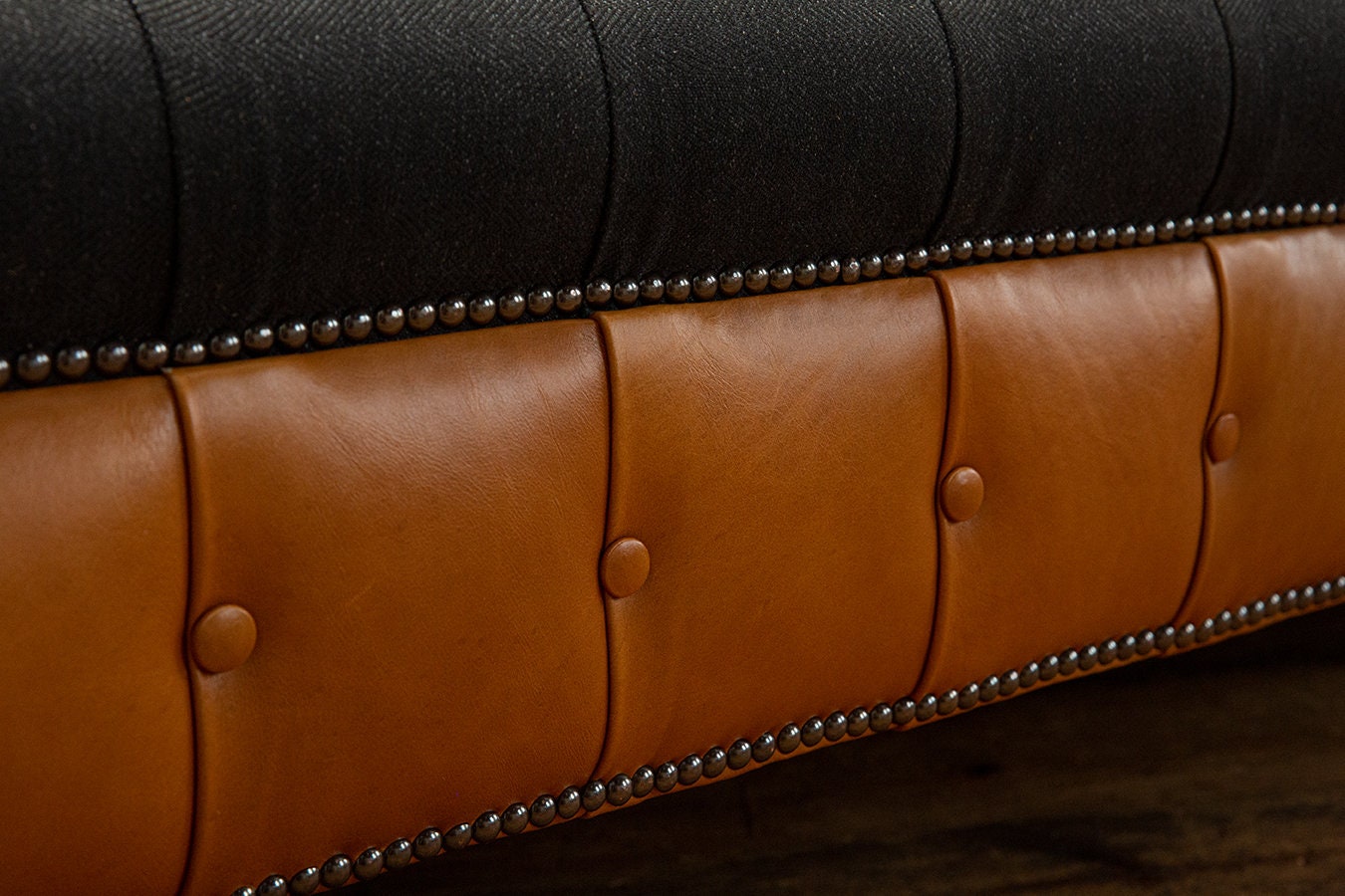 British Handmade 3 Seater Charcoal Grey Herringbone Wool & Tan Leather ...