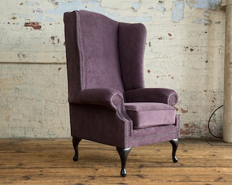 British Handmade Aubergine Purple Velvet Chesterfield High Back Wing Chair