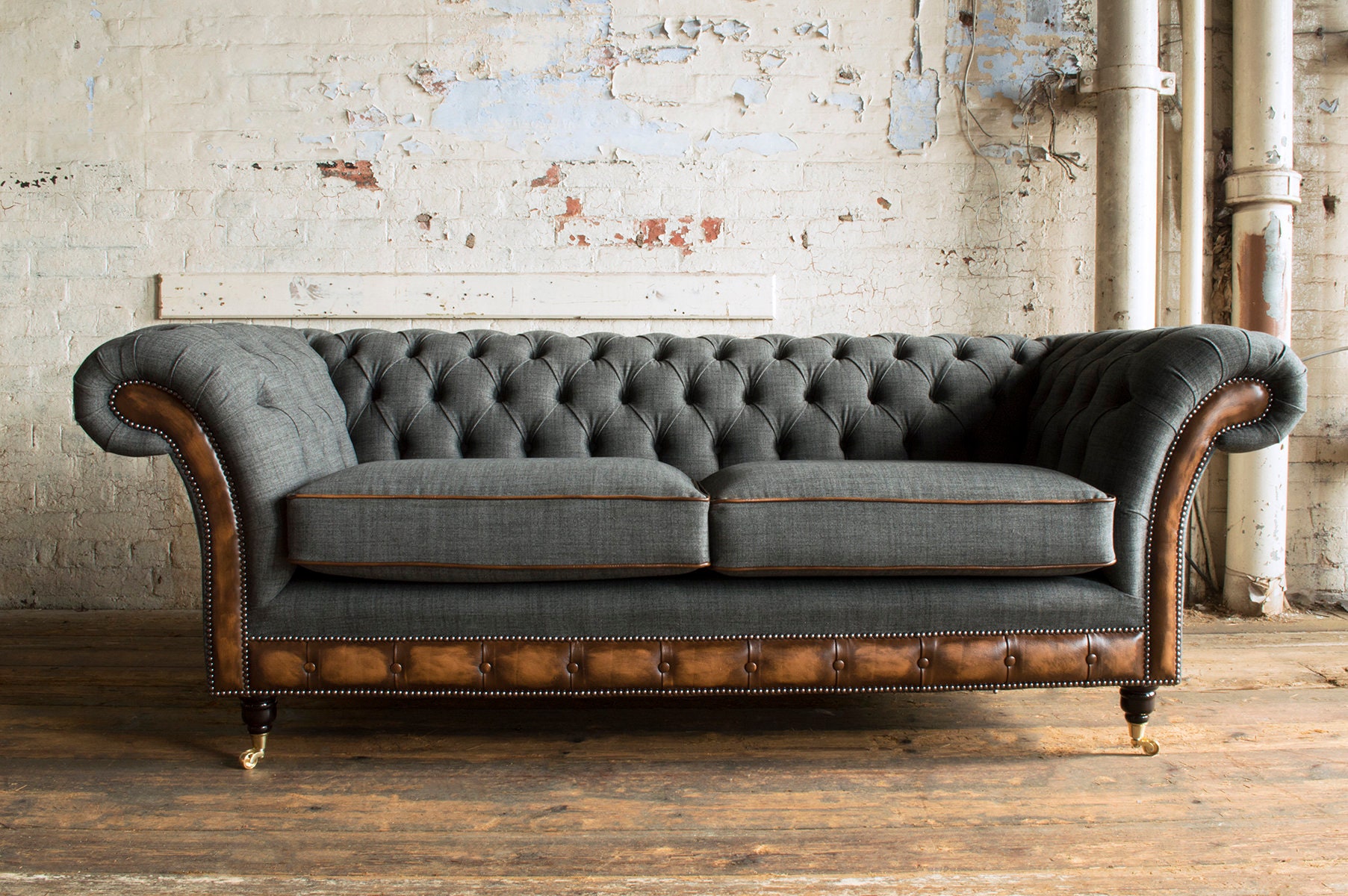 British Handmade 3 Seater Grey Wool & Antique Tan Leather 3 Seater ...