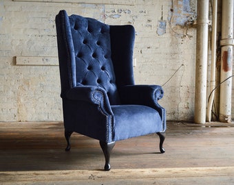 British Handmade Navy Textured Velvet Fabric Chesterfield High Back Wing Chair