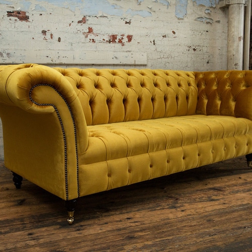 Handmade 4 Seater Mustard Velvet Fabric Chesterfield Sofa Etsy