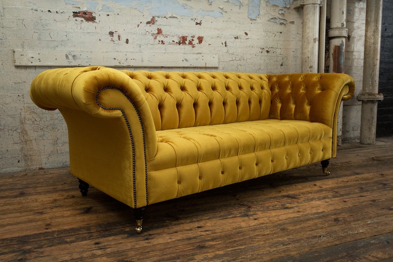 3 Seater Mustard Gold Velvet Fabric Chesterfield Sofa British Etsy
