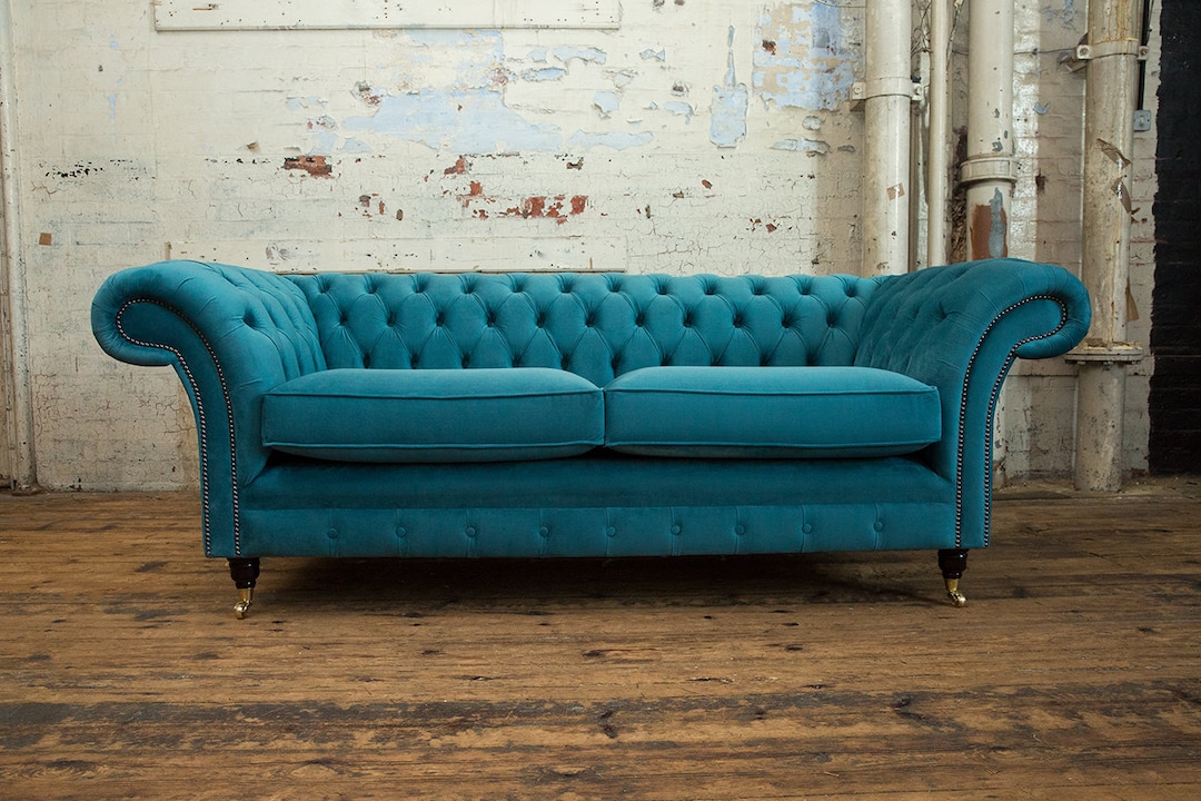 3 Seater Teal Velvet Chesterfield Sofa, British Handmade - Etsy UK