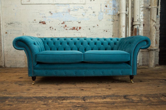 3 Seater Teal Velvet Chesterfield Sofa British Handmade Etsy UK