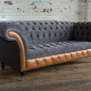Handmade Large 3 Seater Slate Grey Velvet & Tan Brown Leather ...