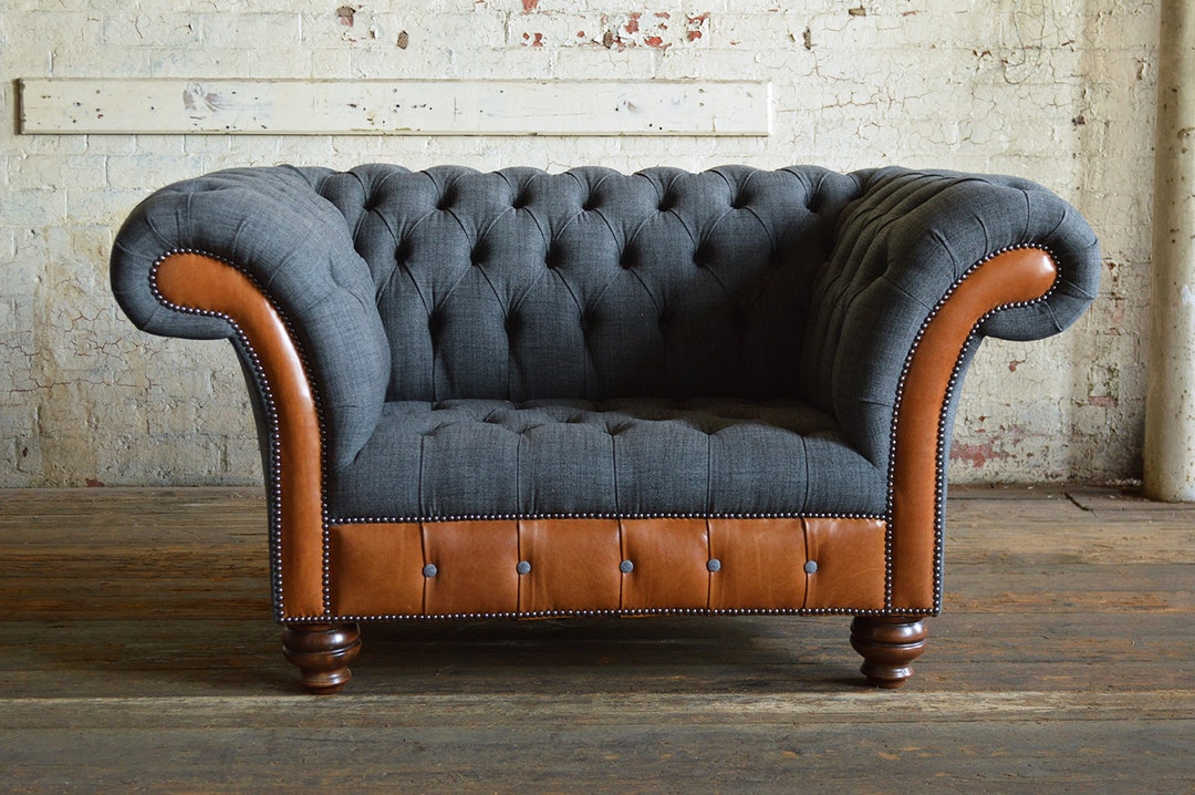British Handmade Dark Grey Wool & Vintage Tan Leather Chesterfield ...