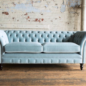 British Handmade 3 Seater Vintage Dusty Blue Velvet Chesterfield Sofa ...