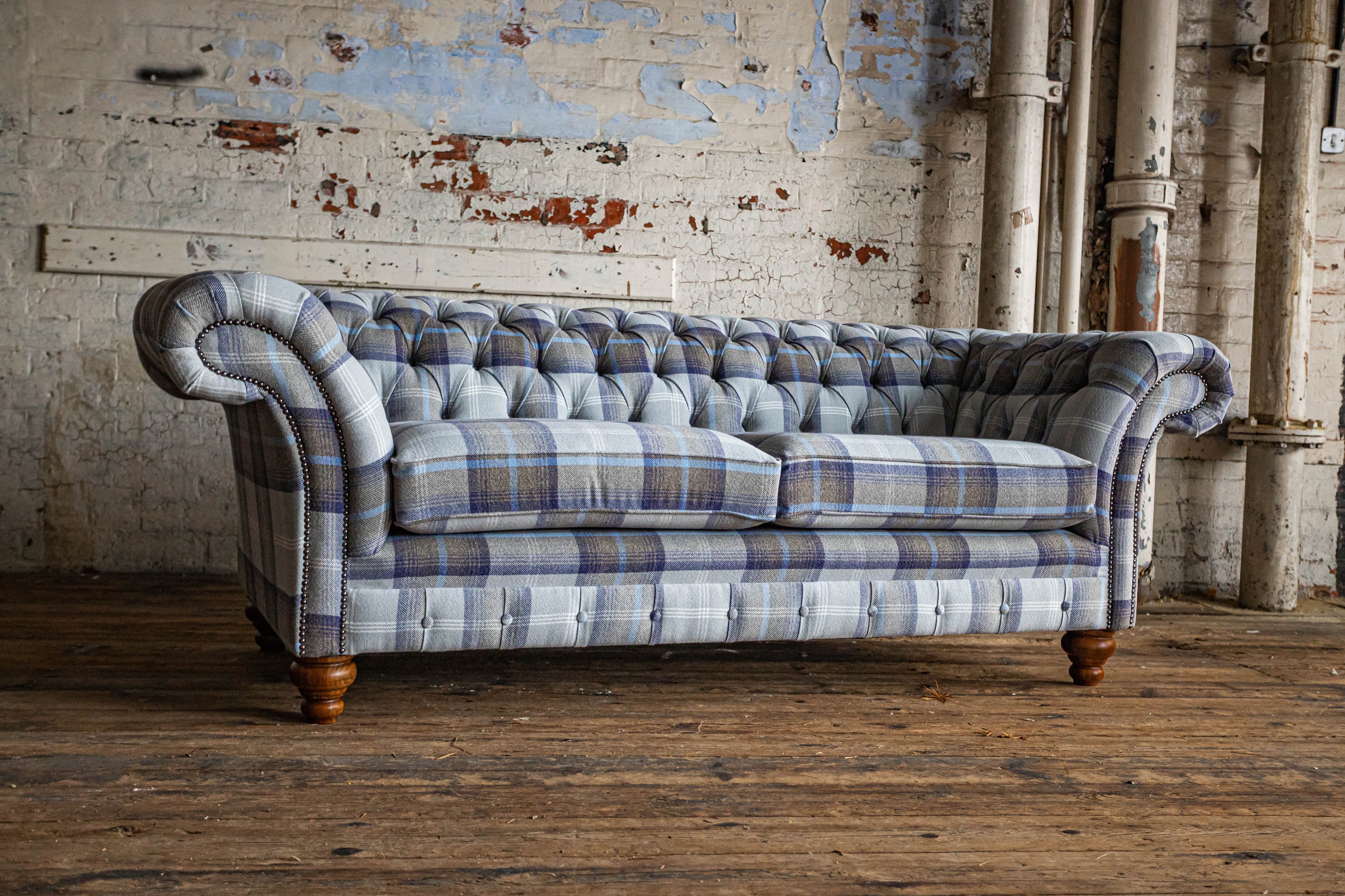 British Handmade 3 Seater Grey Navy Blue Tartan Check Wool