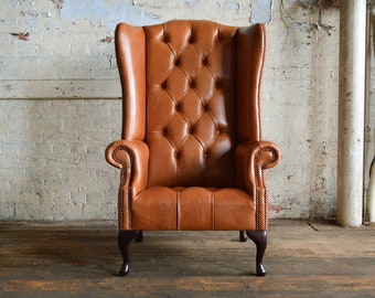 British Handmade Tan Leather Chesterfield Highback Wing Chair