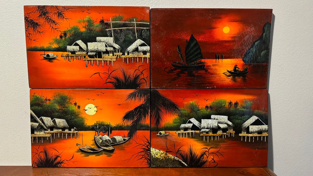 Set of 4 Vietnamese Wood Lacquer Eggshell Asian Wall Art Lamdscape Etsy