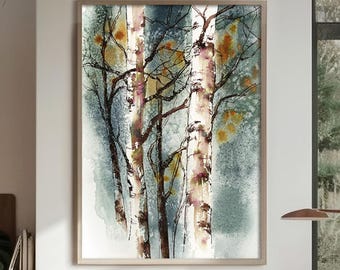 Birch Trees Forest Woodland Wall Decor Fine Art Print, Tree Watercolor Painting, Landscape Nature Art