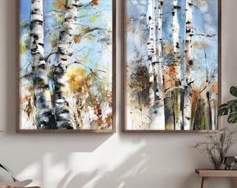 Berk Fine Art Prints 2 set, bos aquarelschilderijen, landschap met bomen natuur bos muur decor