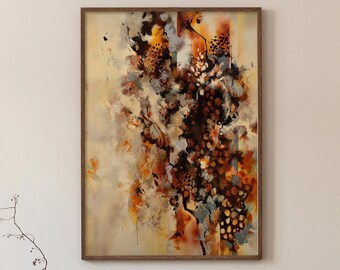 May include: An abstract painting in a wooden frame hangs above a mid-century modern wooden cabinet. A woven vase with a branch and a chair with a striped seat are also in the room. The painting features warm colors.