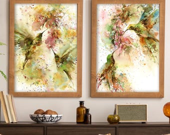 Hummingbirds 2 Fine Art Prints Set, Bright Green Pink Colors Tropical Bird Watercolor Paintings Art, Tropical Art
