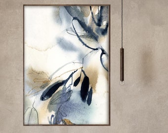 May include: Abstract watercolor art print in a wooden frame. The artwork features a blend of blue, beige, and gold hues, with organic shapes resembling leaves and flowing lines. The print is displayed above a bed with neutral-toned bedding.