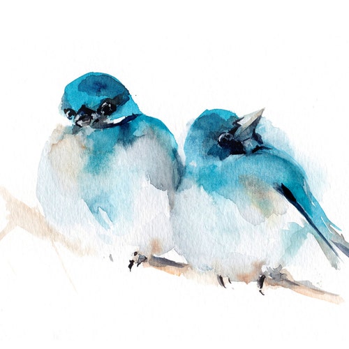Blue Birds Couple Art Print Bird Watercolor Painting Art 2 | Etsy Uk