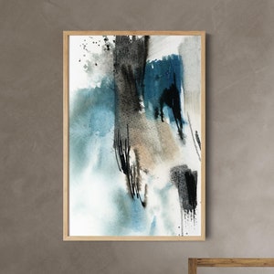 Abstraktes Wandbild in Grau, Schwarz und Türkis, Abstrakte Aquarellmalerei Großes Wanddekor