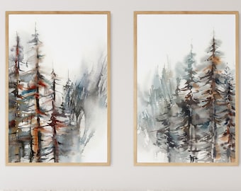 Pine Forest Set of 2 Prints Wall Art, Trees Watercolor Paintings Wall Decor Neutral Colors Woodland Art