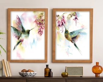 Arte colibrì, pittura di uccelli, set di 2 stampe d'arte, uccelli tropicali luminosi di grandi dimensioni arte da parete, 2 pezzi di arte da parete di uccelli, arte dai colori vivaci