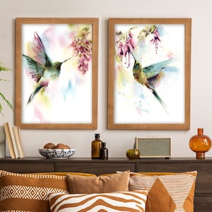 Hummingbird Art, Bird Painting, Set of 2 Art Prints, Bright Tropical Birds Large Sizes Wall Art, 2 Pieces Birds Wall Art, Bright Colors Art
