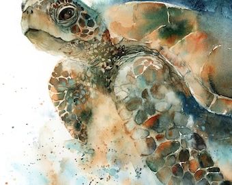 Sea Turtle Fine Art Print, Sea turtle Watercolor Painting, Animal Illustration, Sea Life Coastal Decor, Ocean Animal Art Print