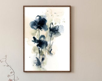 Flowers Fine Art Print Wall Decor in Dark Blue Tones, Abstract Floral Wall Art Print, Botanical Watercolor Print, Boho Florals Painting