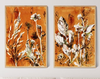 Burnt Orange Botanical Art Prints 2 Pieces Set, Dried Herbs Florals Abstract Botanical Painting, Bohemian Chic Wall Decor, Orange Wall Art