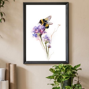 Bumble Bee Watercolor Print, Bee on a Wildflower Painting, Nature Fine Art Print Wall Decor, Bee Wall Art, Botanical Art Print, Nature Art