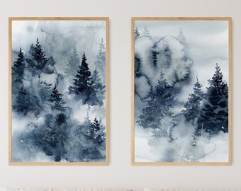 Set of 2 Pine Trees Prints, Woodland Painting, Watercolor Prints, Blue Nature Wall Art, Gallery Wall Prints, Forest Painting Wall Decor Art