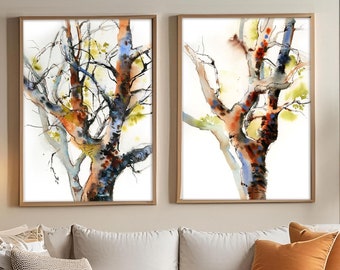 Kleurrijke bomen 2 kunstafdrukken set, boom aquarelschilderijen, bos Set van 2 kunstafdrukken natuur muurdecoratie