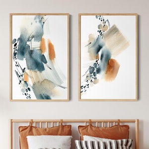 Abstrakte Kunst Drucke Set 2 Stück Aquarell Wandkunst, abstrakte Gemälde Blau gebrannt Orange moderne Wand-Dekor, abstrakte Kunst-Druck Set