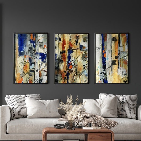 Eclectic Wall 3 Art Prints Set, Abstract Triptych Wall Art, Abstract Forest Paintings, Bright Home Gallery Wall Set, 3 Pieces Abstract Decor