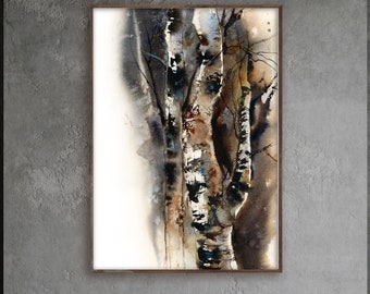 Birch Tree Fine Art Print, Dark Forest Painting, Woodland Wall Art, Fine Art Print, Forest Watercolor, Nature Wall Print, Above Fireplace