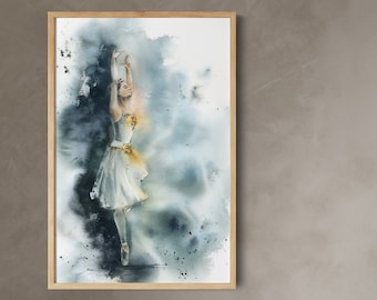 Ballerina in Blue Fine Art Print, Dancer Watercolor Painting, Ballet Dance Wall Decor Loose Style Art