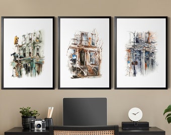 New York Paintings Architecture Art Prints Set of 3 Pieces Gallery Wall Decor, City Scene Watercolor Prints, United States Travel Wall Art