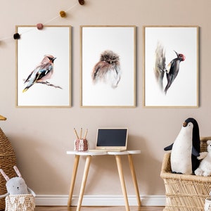 Bird Wall Prints Set of 3, Woodland Birds, Cute Bird Watercolor Art, Earthy Colors Wall Decor, 3 Piece Set Fine Art Prints, Bird Paintings