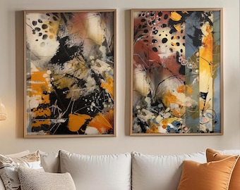 Abstract Prints Set of 2 Pieces Gray Yellow Colors Contemporary Painting Art for Interior Decor