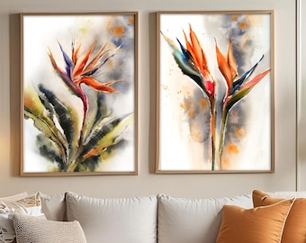 Bird of Paradise Florals Set of 2 Fine Art Prints for Wall Decor, Tropical Botanical Nature Watercolor Painting Art