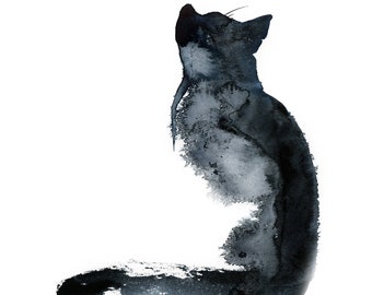 Impressão artística em preto e branco de um gato pintado em aquarela minimalista.