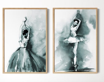 Ballerina Painting 2 Fine Art Prints Set, Watercolor Prints, Ballerina Watercolor in Muted Teal Art, Ballet Dance Wall Decor, Ballerina Art