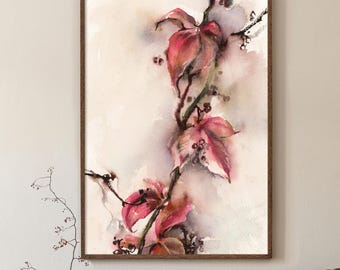 Fine Art-print roze bladeren, botanische herfstkunst, aquarel bloemenprint, wanddecoratie herfstbladeren