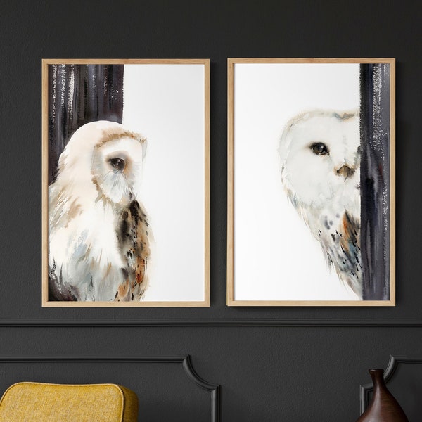 Owl Art Print, Watercolor Owl Painting, Owl Wall Art, Barn Owl Print Set of 2, Wall Prints Set, White Owl Art Print, Home Decor, Animal Art