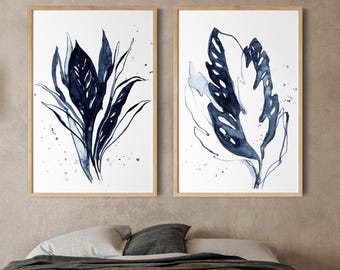 Impresiones artísticas de hojas botánicas tropicales azul marino, 2 piezas, decoración de pared, arte de pintura de acuarela de hojas