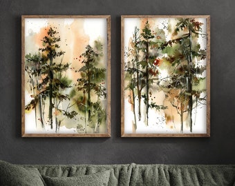 Forest 2 Prints Set, Pine Trees Painting, Set of 2 Fine Art Prints, Woodland Living Room Decor, Nature Watercolor Prints, Landscape Wall Art