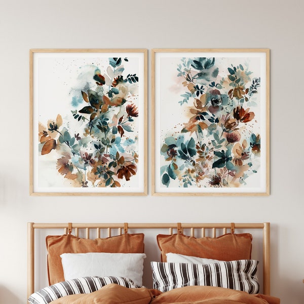 Teal Burnt Orange Art, Multi Panel Nature Prints, Set di 2 stampe d'arte dell'acquerello, Arte astratta del paesaggio, Set di stampe Bright Home Wall Decor