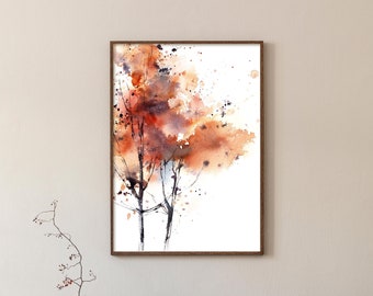 May include: A framed watercolor painting of abstract trees in shades of orange, brown, and black. The artwork hangs above a mid-century modern wooden cabinet with three drawers. A woven vase with dried branches and a wooden chair complete the scene.
