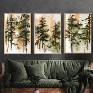Walddrucke 3er Set Wanddekor, Bäume Aquarell Kunst, Kiefern Bäume Malerei, Grüne Natur, Wald Wald Wand Dekor, Baum Wand Kunst