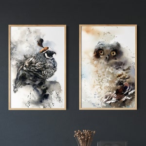 Waldvögel Eulen und Fasan Vögel Wand Kunst 2er Set Fine Art Prints, Eulen und Fasan Vögel in Erdfarben Bilder, Aquarell Prints