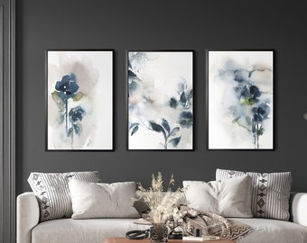 Blue Florals 3 Pieces Wall Prints, Abstract Wall Decor, Set of 3 Fine Art Prints, Indigo Watercolor Prints, Large Size Living Room Decor