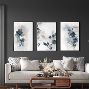 Blue Florals 3 Pieces Wall Prints, Abstract Wall Decor, Set of 3 Fine Art Prints, Indigo Watercolor Prints, Large Size Living Room Decor